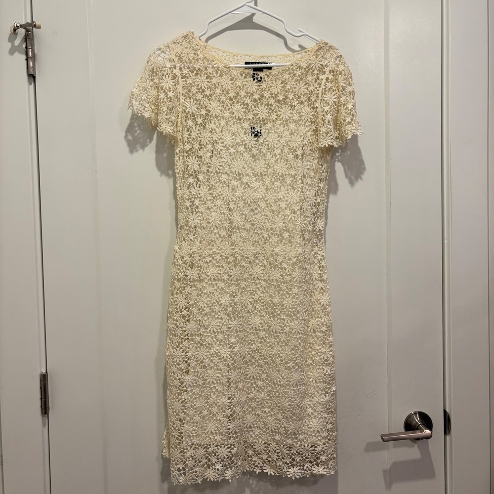 Lauren Ralph Lauren Cream Floral Crochet Lace Sheath Dress Short Sleeve Medium